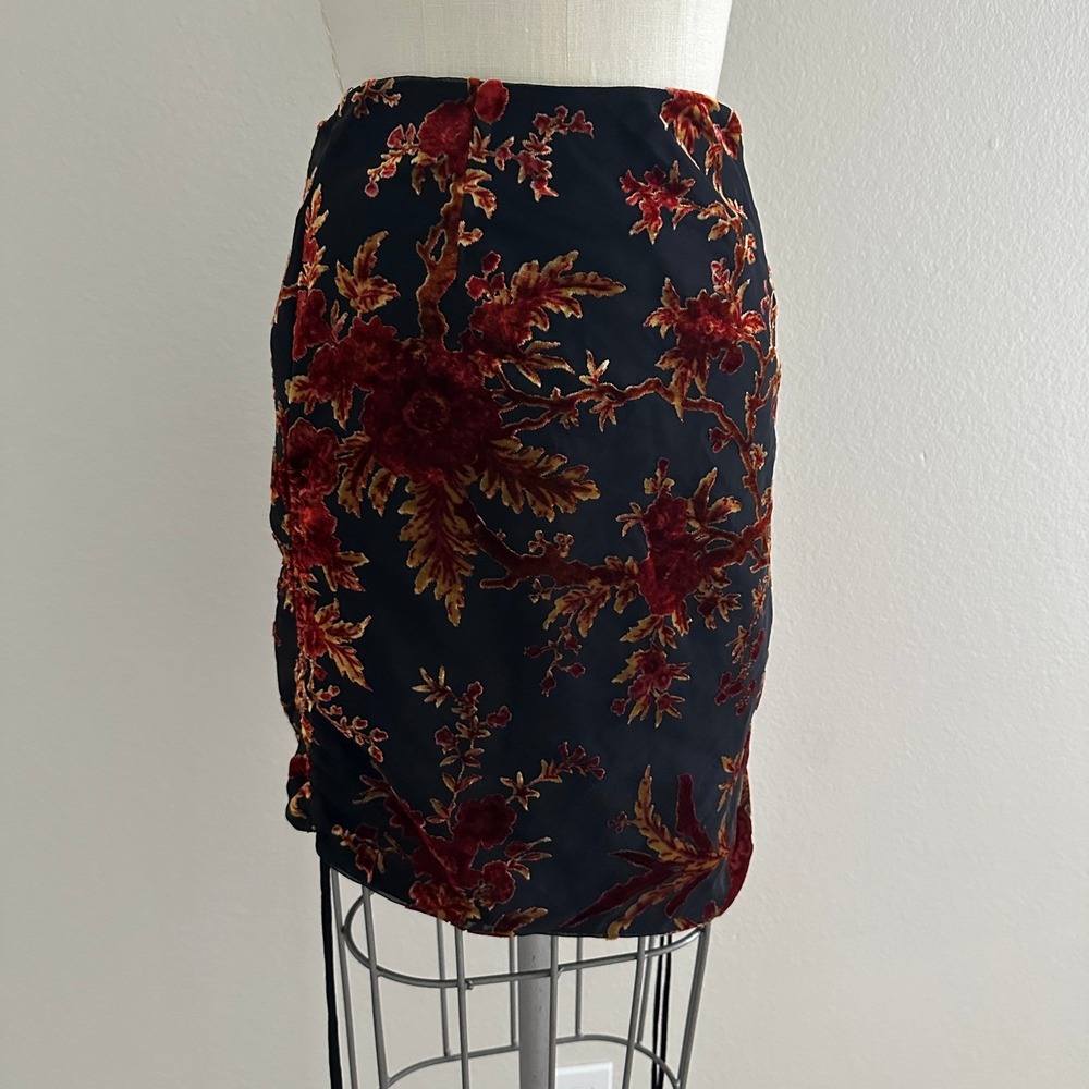 Tiger Mist Mini Skirt Women XS Black Red Floral Velvet Burnout Ruched Asymmetric